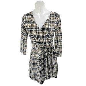 Lands' End Brown Houndstooth Plaid Faux Wrap Belted Mini A-line Dress Size 6-8